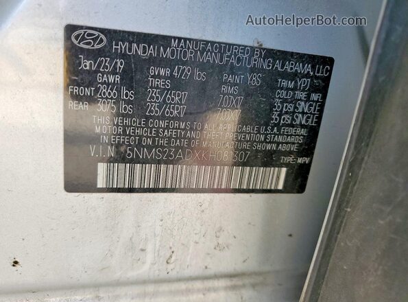 5NMS23ADXKH081307 2019 HYUNDAI SANTA Silver Շարժիչի բաժամունքի տեսք