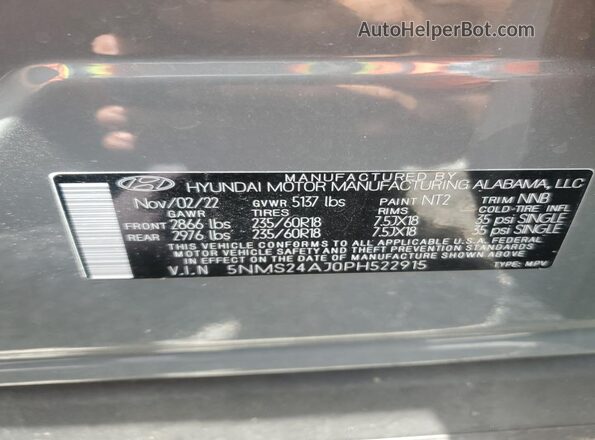 5NMS24AJ0PH522915 2023 HYUNDAI SANTA Silver Widok naklejki z numerem VIN