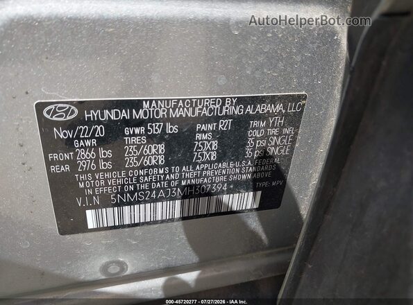 5NMS24AJ3MH307394 2021 HYUNDAI SANTA FE Серебряный Вид подкапотного пространства