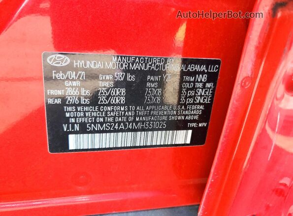 5NMS24AJ4MH331025 2021 HYUNDAI SANTA Red Vista del compartimento del motor
