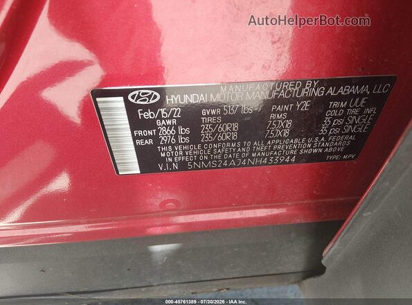 5NMS24AJ4NH433944 2022 HYUNDAI SANTA FE Red Вид підкапотного простору