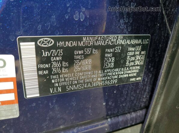 5NMS24AJ4PH596399 2023 HYUNDAI SANTA Blue VIN კოდის სტიკერის ხედი