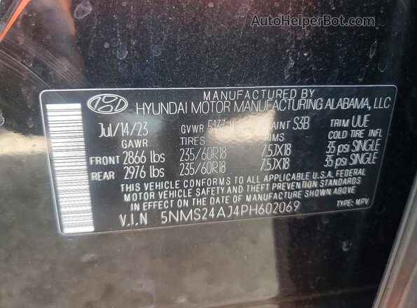 5NMS24AJ4PH602069 2023 HYUNDAI SANTA Black Vista de la etiqueta del VIN