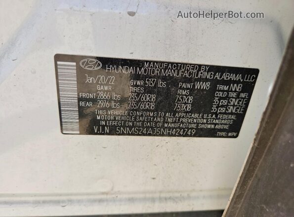 5NMS24AJ5NH424749 2022 HYUNDAI SANTA White Շարժիչի բաժամունքի տեսք