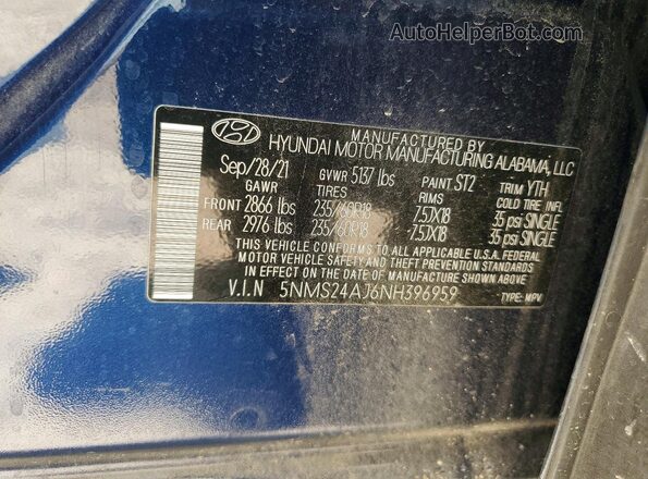 5NMS24AJ6NH396959 2022 HYUNDAI SANTA Blue Панорамний вид салону 360°