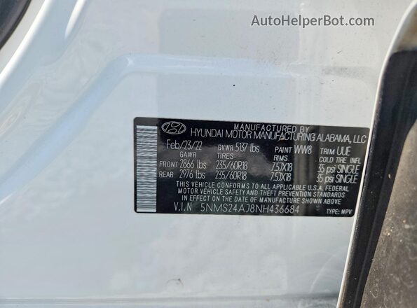 5NMS24AJ8NH436684 2022 HYUNDAI SANTA White VIN կոդի պիտակի տեսք