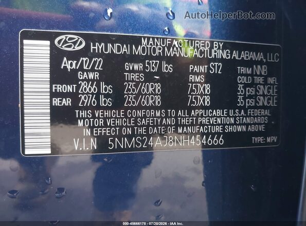5NMS24AJ8NH454666 2022 HYUNDAI SANTA FE Blue Widok komory silnika