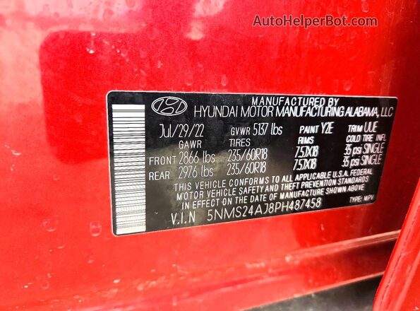 5NMS24AJ8PH487458 2023 HYUNDAI SANTA Red VIN կոդի պիտակի տեսք