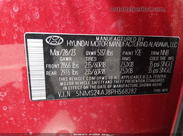 5NMS24AJ8PH568282 2023 HYUNDAI SANTA FE Red Vista del compartimento del motor