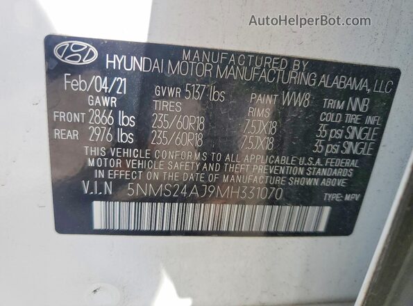 5NMS24AJ9MH331070 2021 HYUNDAI SANTA Белый Вид наклейки с VIN-кодом