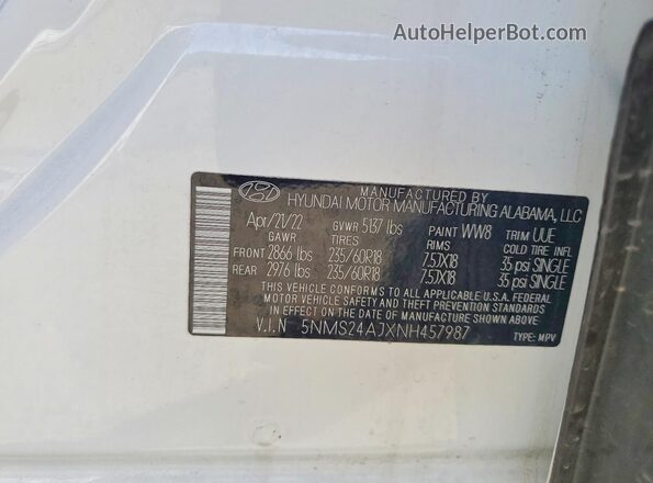 5NMS24AJXNH457987 2022 HYUNDAI SANTA White 360 interior view