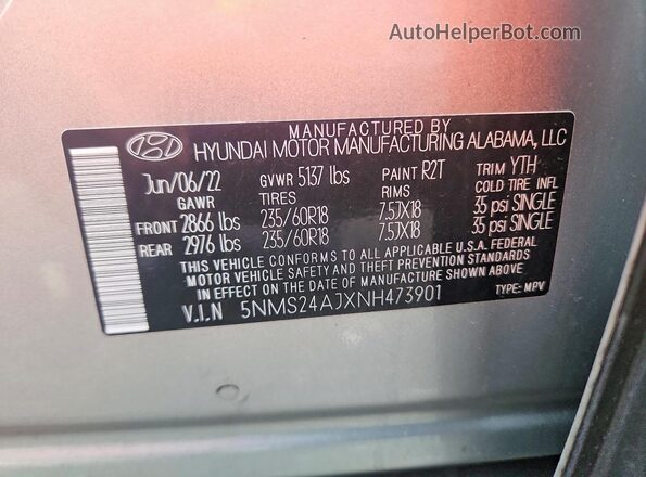 5NMS24AJXNH473901 2022 HYUNDAI SANTA Silver Панорамний вид салону 360°
