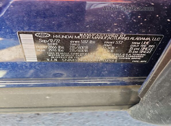 5NMS24AJXPH503563 2023 HYUNDAI SANTA Blue Widok naklejki z numerem VIN