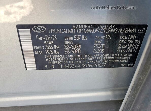 5NMS24AJXPH551077 2023 HYUNDAI SANTA Silver Widok wnętrza 360 stopni