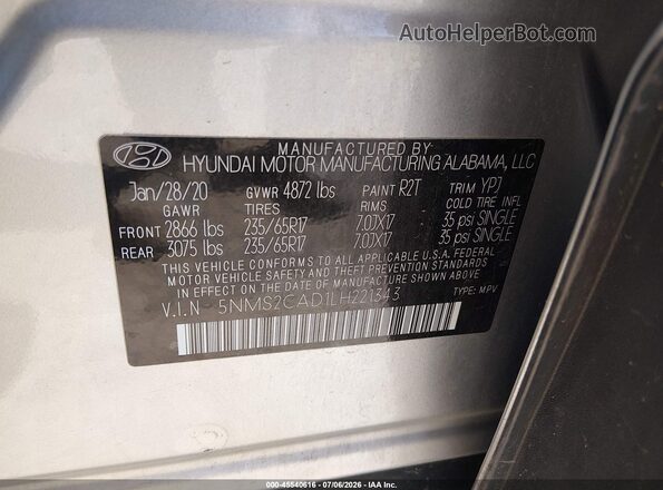 5NMS2CAD1LH221343 2020 HYUNDAI SANTA FE Silver Engine compartment view