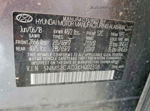 5NMS2CAD2KH002308 2019 HYUNDAI SANTA Gray VIN sticker view