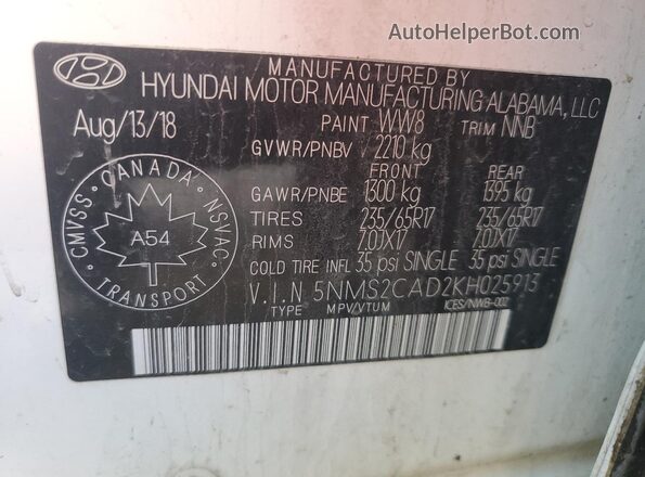 5NMS2CAD2KH025913 2019 HYUNDAI SANTA White Widok wnętrza 360 stopni