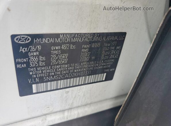 5NMS2CAD2KH117331 2019 HYUNDAI SANTA White VIN sticker view