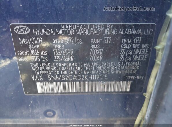5NMS2CAD2KH119015 2019 HYUNDAI SANTA FE Dark Blue Widok komory silnika
