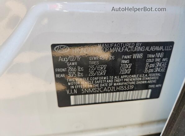 5NMS2CAD2LH155319 2020 HYUNDAI SANTA White Engine compartment view