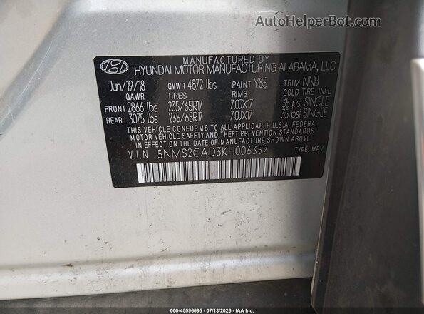 5NMS2CAD3KH006352 2019 HYUNDAI SANTA FE Серебряный Вид подкапотного пространства
