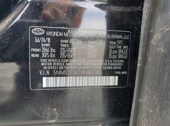 5NMS2CAD3KH017285 2019 HYUNDAI SANTA Black VIN sticker view