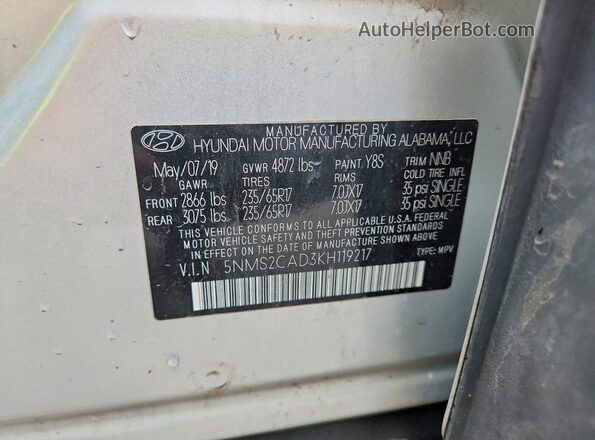 5NMS2CAD3KH119217 2019 HYUNDAI SANTA Silver VIN კოდის სტიკერის ხედი