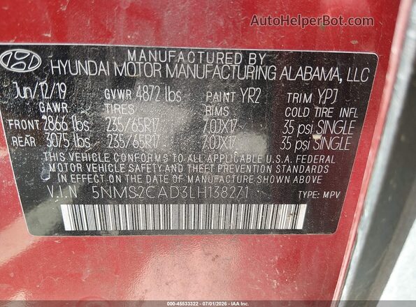 5NMS2CAD3LH138271 2020 HYUNDAI SANTA FE Red Շարժիչի բաժամունքի տեսք