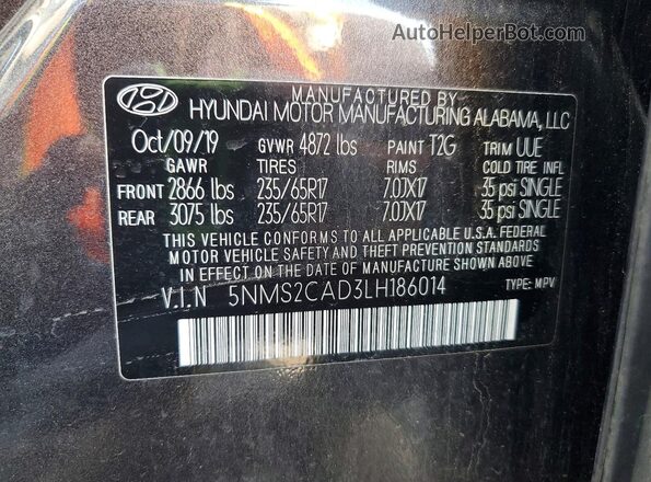 5NMS2CAD3LH186014 2020 HYUNDAI SANTA Gray VIN sticker view