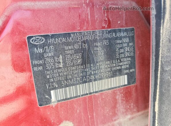 5NMS2CAD4KH099981 2019 HYUNDAI SANTA Red Widok naklejki z numerem VIN