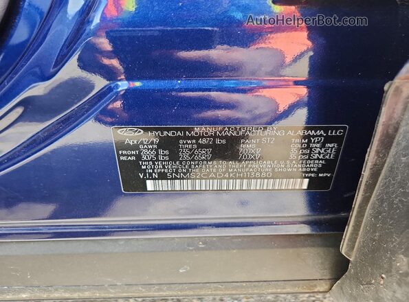 5NMS2CAD4KH113880 2019 HYUNDAI SANTA Blue Вид наклейки з VIN-кодом