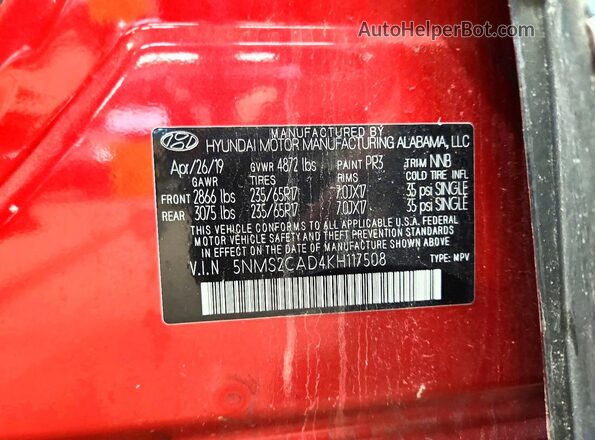5NMS2CAD4KH117508 2019 HYUNDAI SANTA Red VIN կոդի պիտակի տեսք