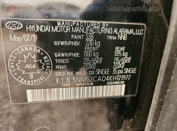 5NMS2CAD4KH121977 2019 HYUNDAI SANTA Black Widok wnętrza 360 stopni