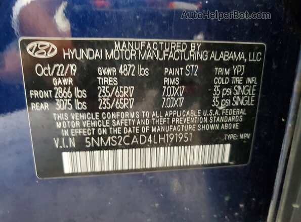 5NMS2CAD4LH191951 2020 HYUNDAI SANTA Синий Вид наклейки с VIN-кодом
