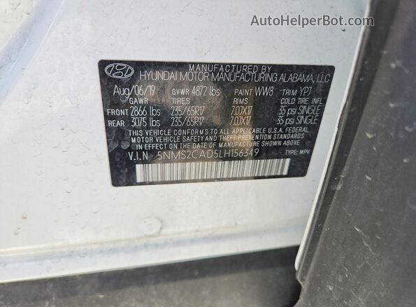 5NMS2CAD5LH156349 2020 HYUNDAI SANTA White Вид наклейки з VIN-кодом