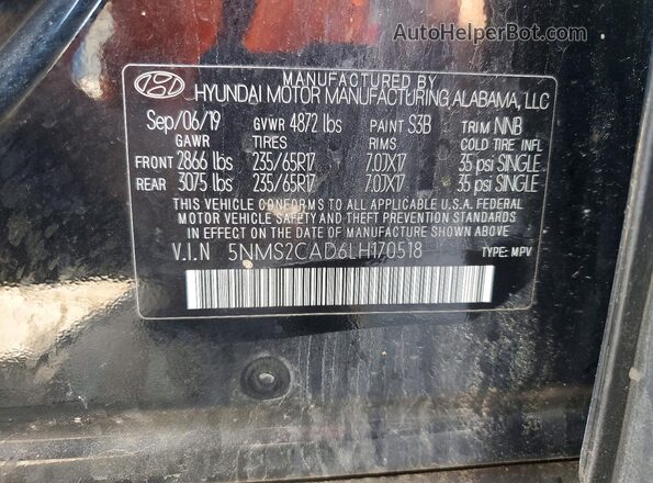 5NMS2CAD6LH170518 2020 HYUNDAI SANTA Black Widok naklejki z numerem VIN