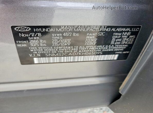 5NMS2CAD7KH065095 2019 HYUNDAI SANTA Серый Вид наклейки с VIN-кодом