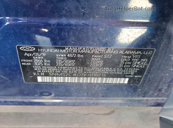 5NMS2CAD7KH110715 2019 HYUNDAI SANTA Blue Widok naklejki z numerem VIN