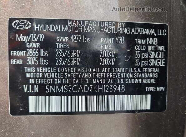 5NMS2CAD7KH123948 2019 HYUNDAI SANTA Бежевый Панорамный вид салона 360°