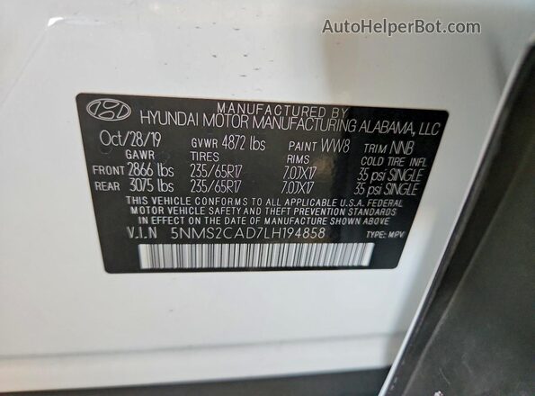 5NMS2CAD7LH194858 2020 HYUNDAI SANTA White Սալոնի 360 աստիճան տեսք