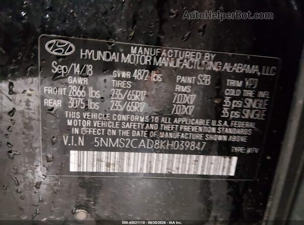 5NMS2CAD8KH039847 2019 HYUNDAI SANTA FE Black Widok komory silnika