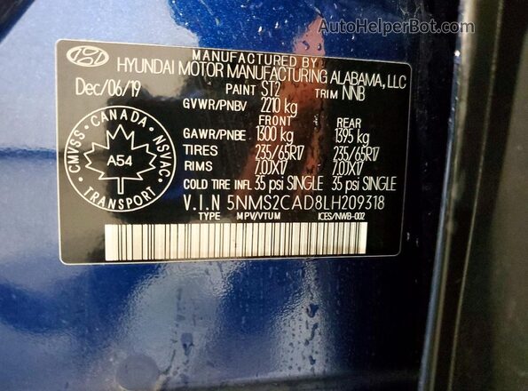 5NMS2CAD8LH209318 2020 HYUNDAI SANTA Blue Вид наклейки з VIN-кодом