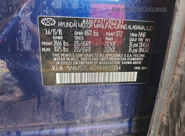 5NMS2CAD9KH013354 2019 HYUNDAI SANTA Blue Շարժիչի բաժամունքի տեսք