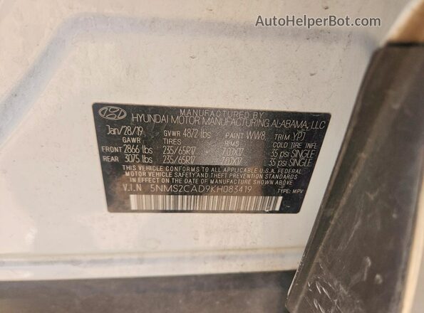 5NMS2CAD9KH083419 2019 HYUNDAI SANTA White VIN sticker view