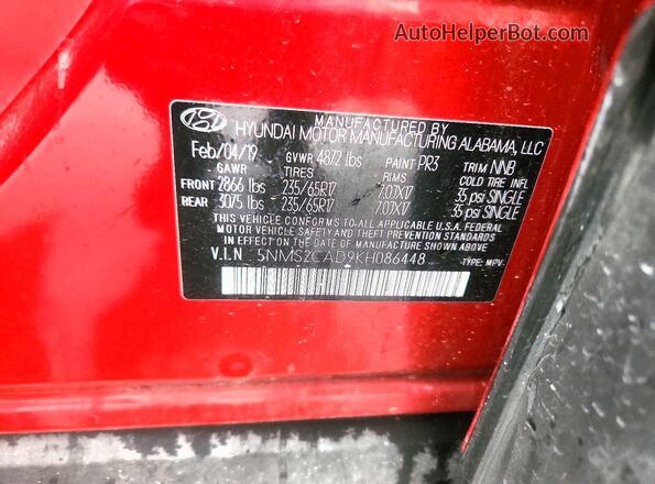 5NMS2CAD9KH086448 2019 HYUNDAI SANTA Red VIN კოდის სტიკერის ხედი
