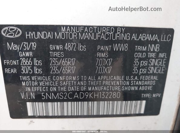 5NMS2CAD9KH132280 2019 HYUNDAI SANTA FE White Շարժիչի բաժամունքի տեսք