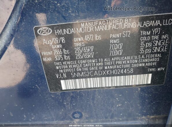 5NMS2CADXKH024458 2019 HYUNDAI SANTA FE Синий Вид подкапотного пространства