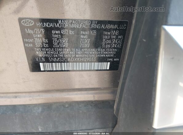 5NMS2CADXKH129033 2019 HYUNDAI SANTA FE Бежевый Вид наклейки с VIN-кодом
