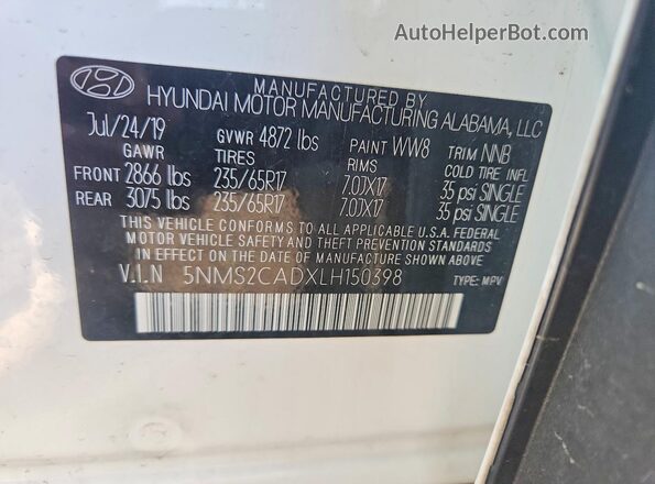 5NMS2CADXLH150398 2020 HYUNDAI SANTA White VIN sticker view