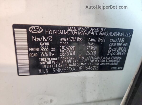 5NMS2DAJ0PH646215 2023 HYUNDAI SANTA White VIN կոդի պիտակի տեսք